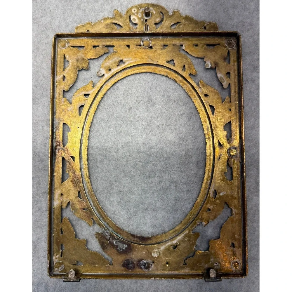 Vintage Ornate Brass Filigree Picture Frame Oval Opening Gold Victorian Style